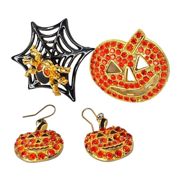 Halloween Jack O Lantern, Spider Brooch Pin & Earring Set - Picture 1 of 1
